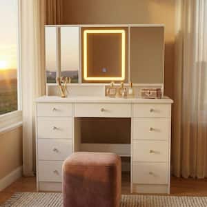 White Modern Makeup Vanity Desk 9 Drawers Wood Dressing Table With 3 Mirrors, Hidden Storage Shelves, LED Lighted