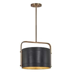 Contrast 4-Light Aged Antique Brass and Black Drum Pendant to Semi Flush with Onyx Leather Shade