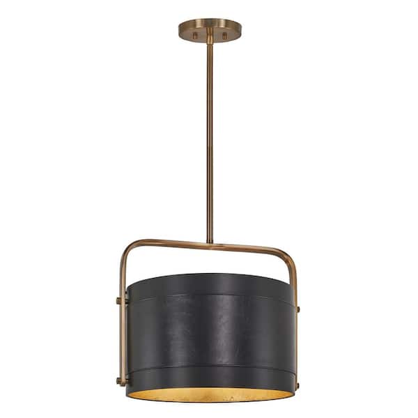 Metropolitan Contrast 4-Light Aged Antique Brass and Black Drum Pendant to Semi Flush with Onyx Leather Shade