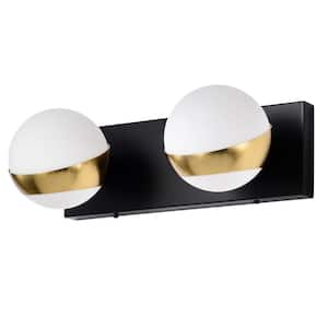 Duo 14 in. 2-Light Indoor Matte Black and Matte Gold Wall Sconce with Light Kit