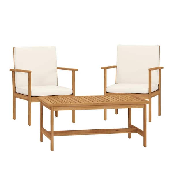 Noble House Apaloosa Brown 3-Piece Acacia Wood Outdoor Patio Conversation Set with Cream Cushions