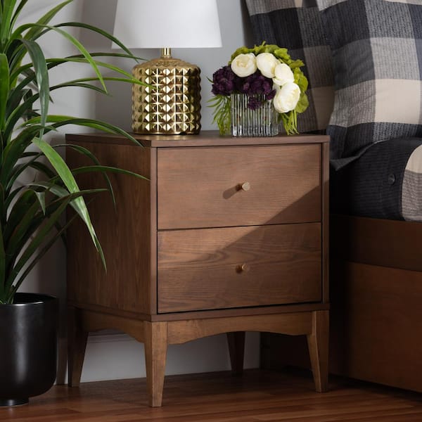 Baxton Studio Landis 2 Drawer Ash Walnut and Gold Nightstand 23.2