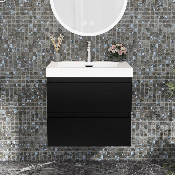 Unbranded 24 in. W x 20 in. D x 22 in. H Single Sink Wall-Mounted Bath Vanity in Black with White Cultured Marble Top