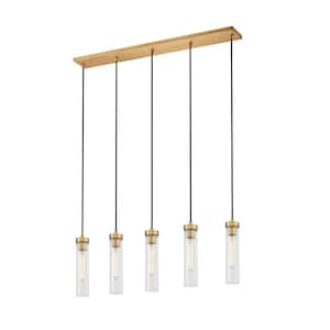 Beau 5-Light Rubbed Brass Shaded Linear Chandelier with Clear Glass Shade with No Bulbs Included