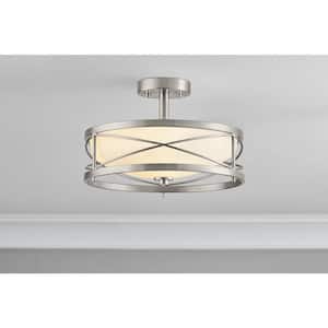 Thayer 8.5 in. 2-Lights Round Satin Nickel Opal White Glass Drum Semi Flush Mount, Modern Ceiling Light