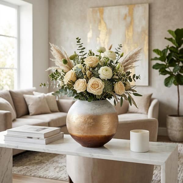 Liv & Skye 9 in. White/Gold Ceramic Round Ombre Decorative Vase 20873-01