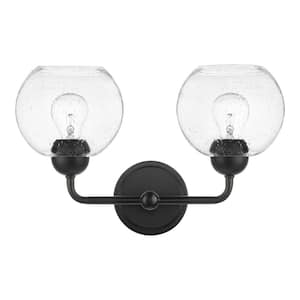 Jill 16 in. 2-Light Black Vanity Light with Clear Seeded Glass Shade