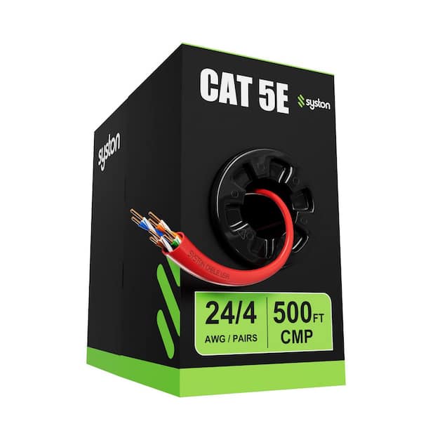 Syston Cable Technology 500 ft. Red Cat 5e CMP-Plenum 350MHz 24AWG Solid Bare Copper Ethernet Network Wire, Bulk No Ends, POE UV Heat Resistant