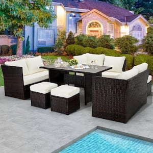 Black 7-Piece PE Wicker Outdoor Patio Conversation Set with Beige Cushions and Ottoman