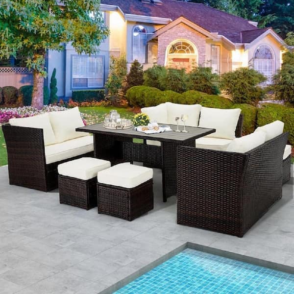 Sudzendf Black 7-Piece PE Wicker Outdoor Patio Conversation Set with Beige Cushions and Ottoman