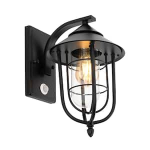 8.66 in. 1-Light Black Indoor/Outdoor Waterproof Motion Sensor Wall Sconce with Clear Glass Shade, No Bulbs Included