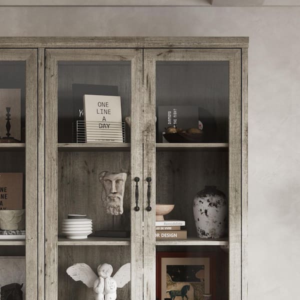 FUFU&GAGA 78.7 in. Tall Gray Wood 6-Shelf Accent Bookcase with 4
