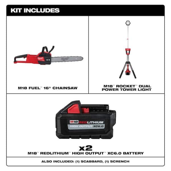 M18 FUEL 16 in. 18V Lith-Ion Brushless Battery Electric Chainsaw w/Rocket Dual Power Tower Light, Two 6Ah HO Batteries