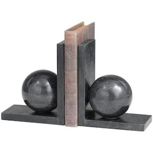 Black Marble Sleek Orb Geometric Bookends with L- Shaped Bases (Set of 2)