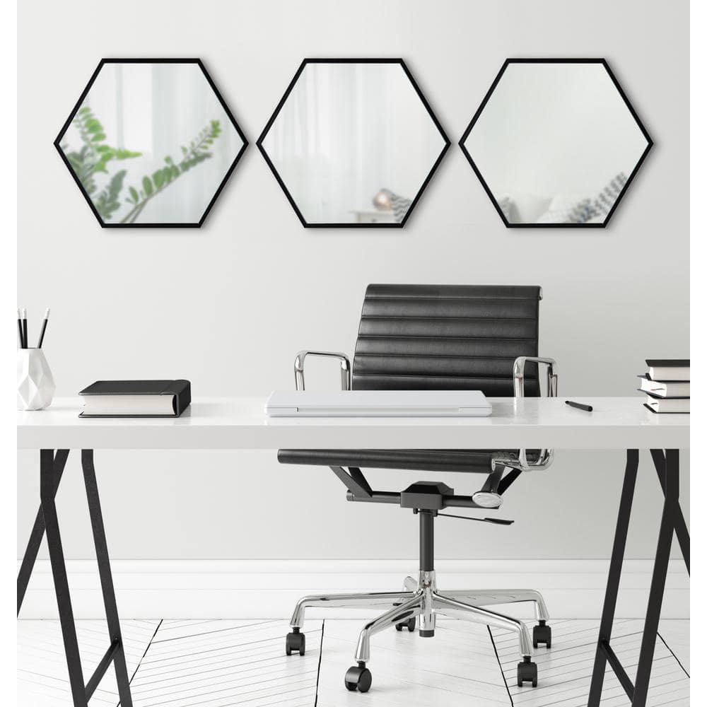 Black Hexagon Wall Mirror Set, 3 Pieces, 14x16