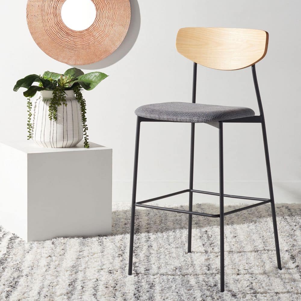 Mid-Century Saddle Style Oak and Grey Leather Barstool