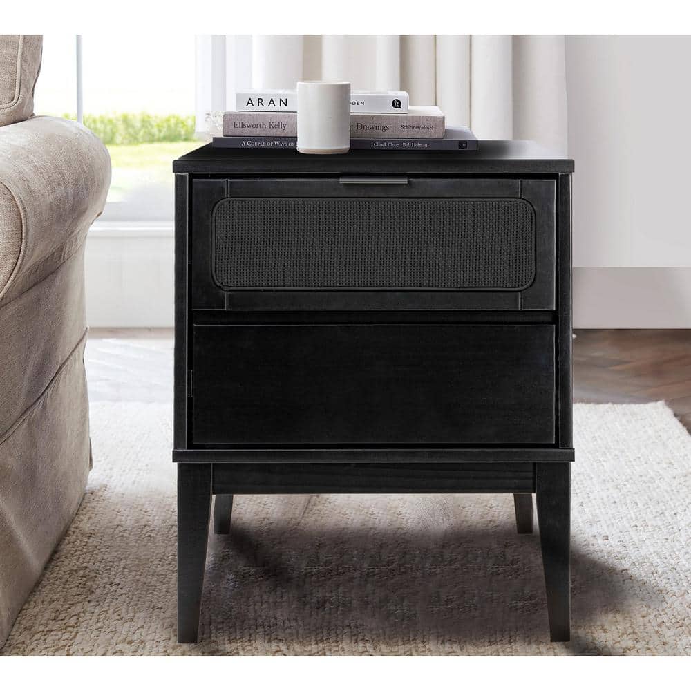 Black Wood Nightstand with Woven Cane Detail and 2 Drawers