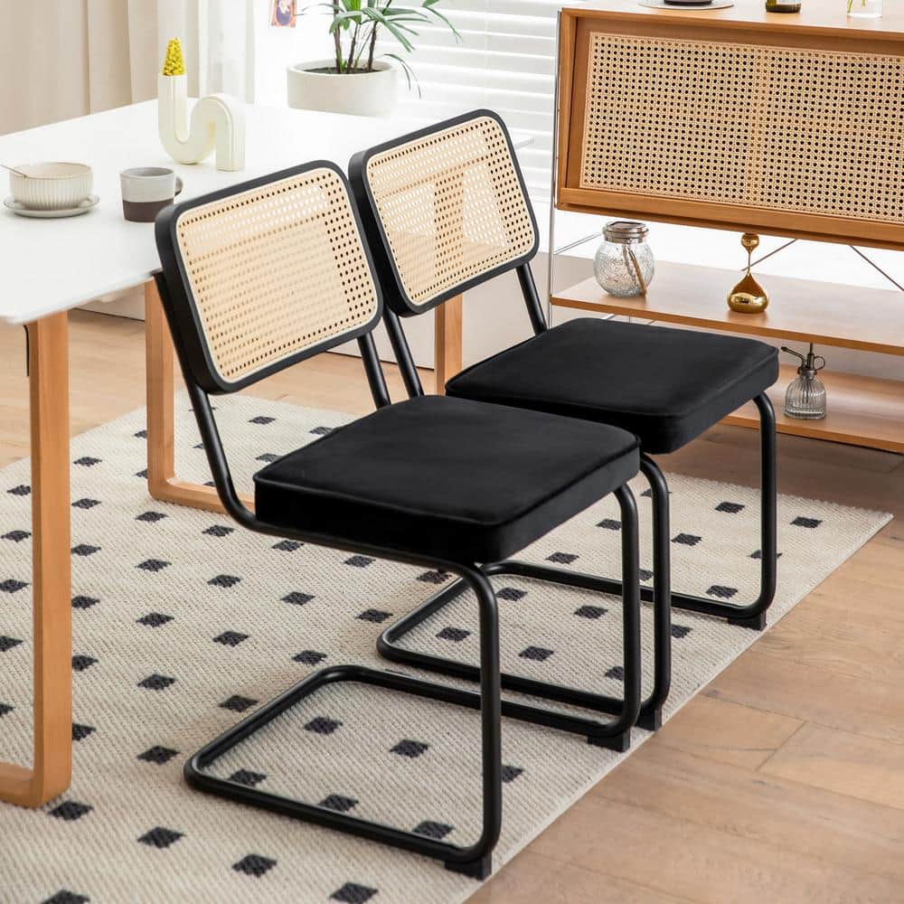 Black Rattan and Velvet Armless Dining Chairs, Set of 2