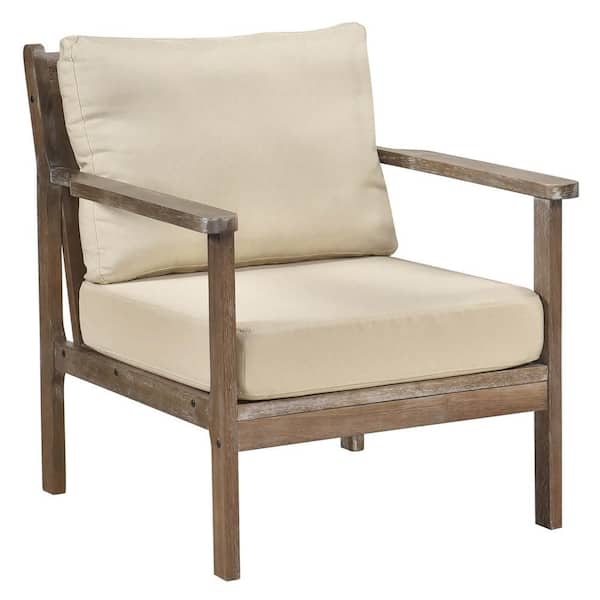 Beige Cotton Linen Armchair with Solid Rubber Wood Armrests Fabric Covers