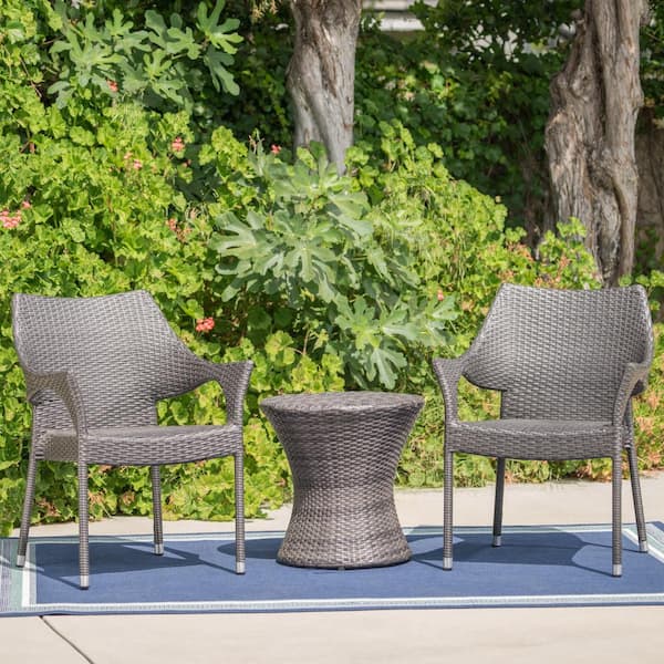Noble House Mirage Gray 3-Piece Faux Rattan Outdoor Patio Conversation Set
