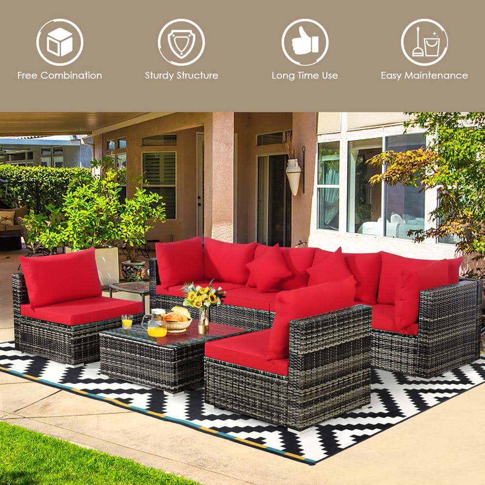 Red 7-Piece Outdoor Wicker Sectional Sofa Set with Cushions