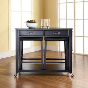 Black Kitchen Cart with Black Granite Top and Stools