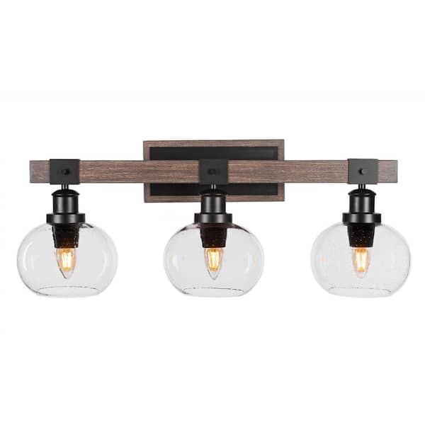 Unbranded Richmond 26.75 in. 3 Light Vanity Light Matte Black and Painted Woodlook Metal with 7 in. Clear Bubble no bulbs included