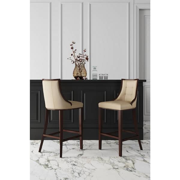 Fifth Avenue 31.5 in. Cream and Walnut Beech Wood Bar Stool with Faux Leather Upholstered Seat (Set of 2)