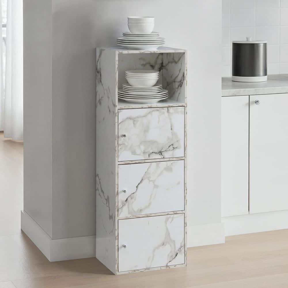 Convenience Concepts Xtra Storage White Faux Marble 3-Door Accent