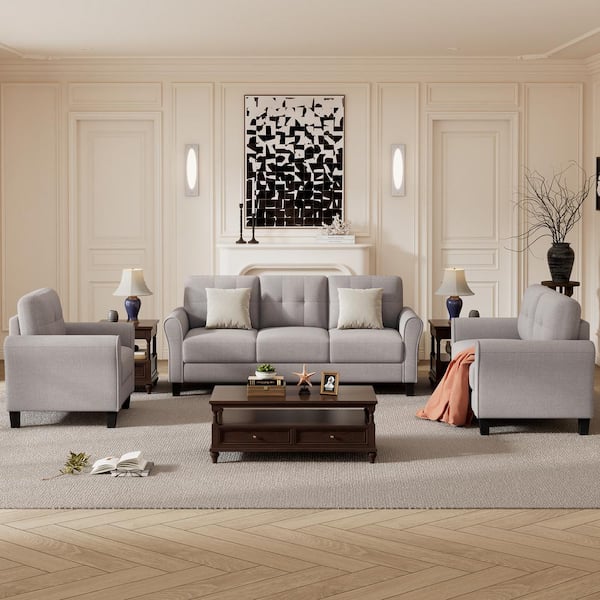 Harper & Bright Designs 80 in. Flared Arm 3-Piece 6-Seater Sofa Set in Light Gray
