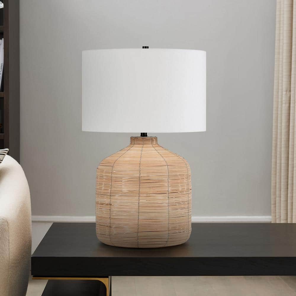 Oversized Natural Rattan Table Lamp with White Drum Shade