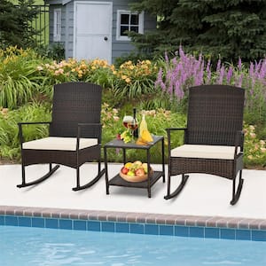 3 Piece Wicker Outdoor Rocking Chair with 2-Tier Coffee Table Off White Cushion