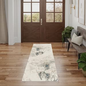 Desire Ivory Grey Blue 2 ft. x 8 ft. Abstract Contemporary Runner Area Rug