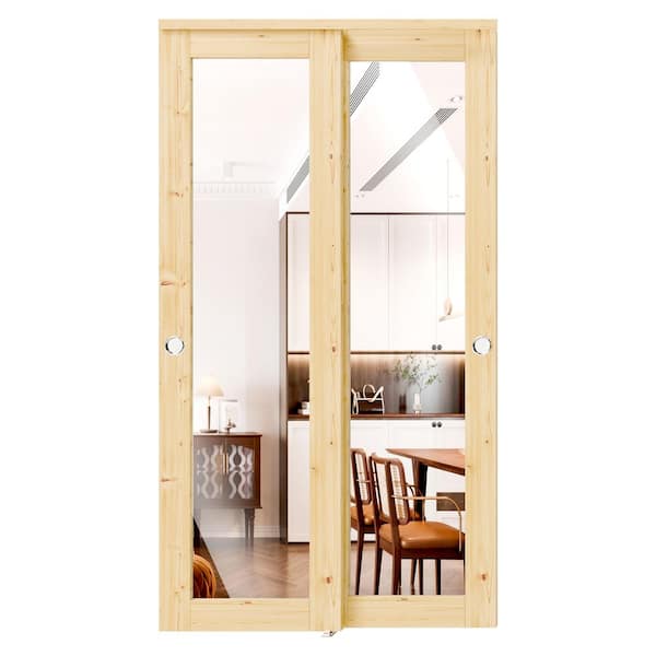 48in x 80in, Light Brown, Solid Pine Wood, Double Full Lite Mirrored Glass Sliding Door with All Hardware