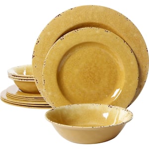 Mauna 12-Piece Contemporary Yellow Crackle Melamine Outdoor Dinnerware Set (Service for 4)