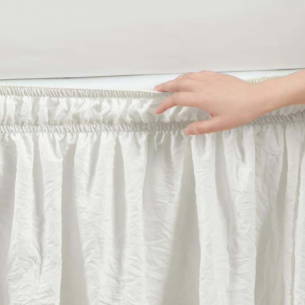 Ruched 20 in. Drop Length Ruffle Elastic Easy Wrap Around White Single Queen/King/Cal King Bed Skirt