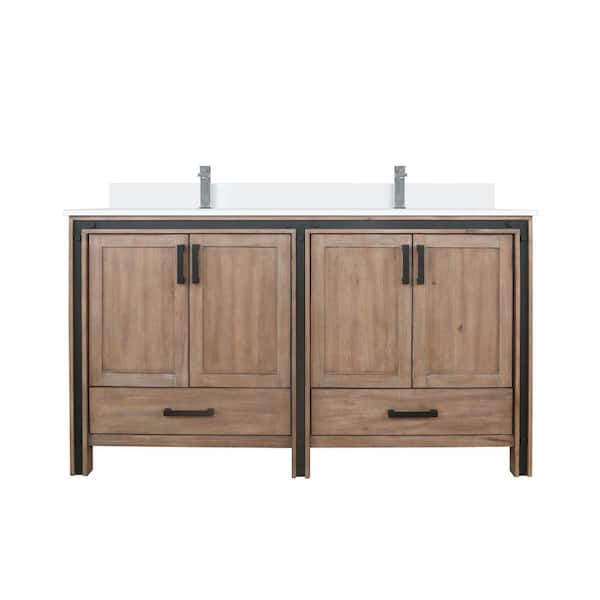 Ziva 60 in W x 22 in D Rustic Barnwood Double Bath Vanity, White Quartz Top and Faucet Set