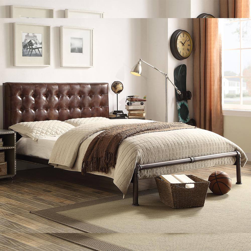 Vintage Brown Top Grain Leather Queen Bed with Tufted Headboard