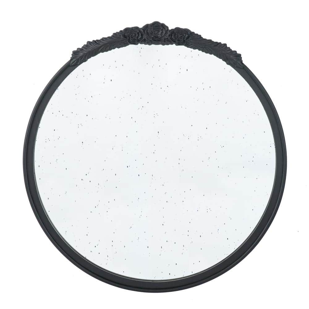 30 in. W x 30 in. H Round Hand Carved Rose Antique MDF Framed Wall Bathroom Vanity Mirror in Black