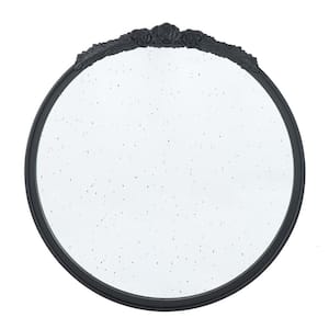 30 in. W x 30 in. H Round Hand Carved Rose Antique MDF Framed Wall Bathroom Vanity Mirror in Black