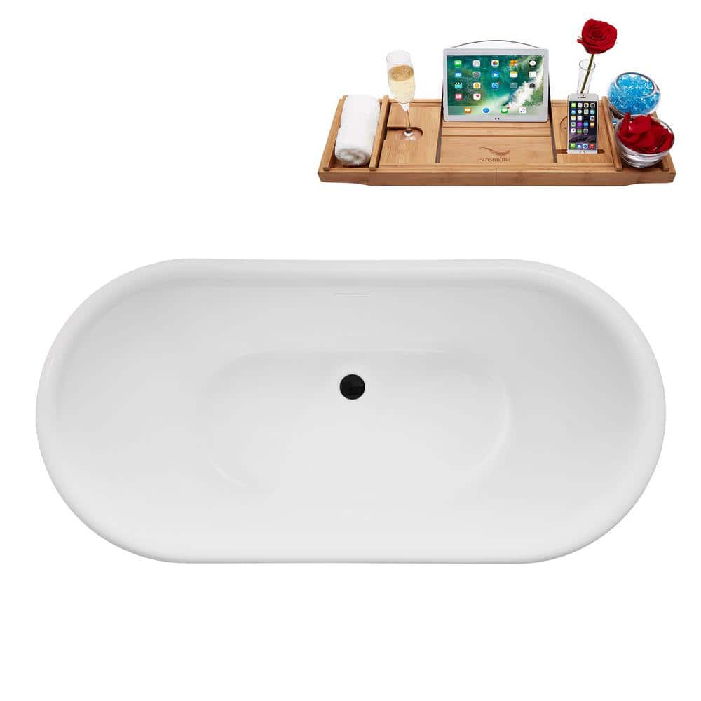 59" Glossy White Acrylic Freestanding Slipper Tub with Matte Black Trim