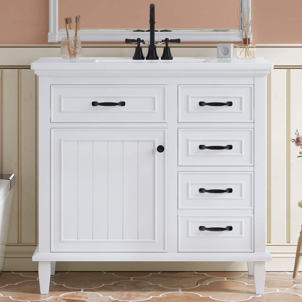 36 in. Freestanding Cabinet White Bath Vanity with White Ceramic Top and Sink 4 Drawers Soft Close Door Adjustable Shelf price history on PriceWatchPro