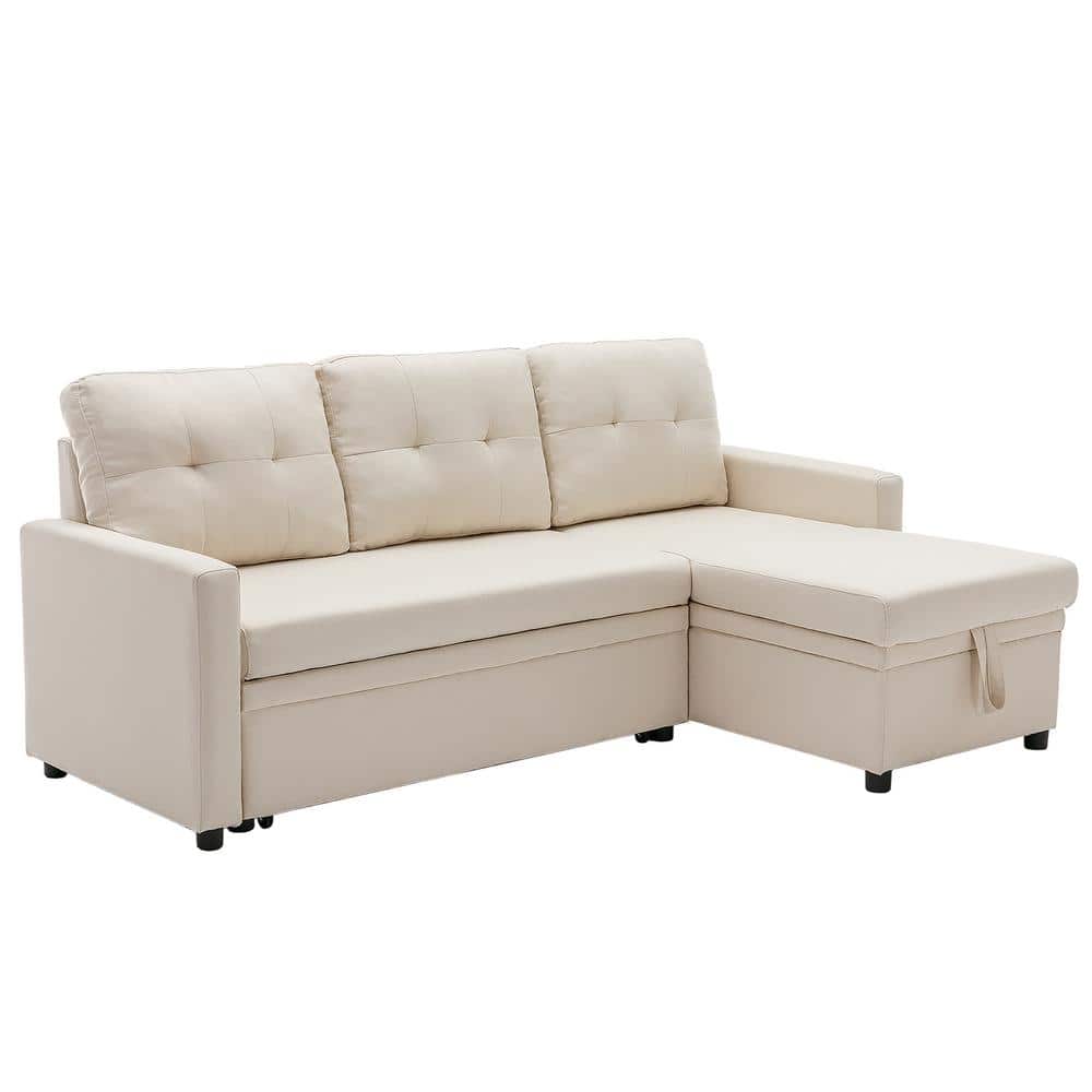 Uixe 82.4 in.W Beige Linen Convertible Pull out Sleeper Sofa LShape