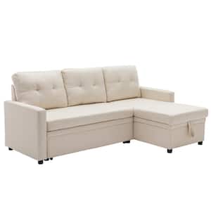 82.4 in.W Beige Linen Convertible Pull out Sleeper Sofa L-Shape Reversible Sectional Sofa Bed with Storage