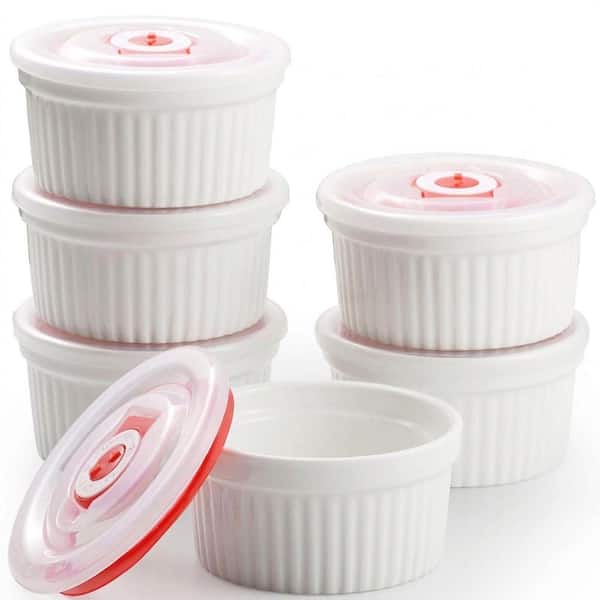 6 Piece Round Ceramic Ramekin Set with Lids White Oven Safe Dishwasher Safe for Baking Custard Pudding