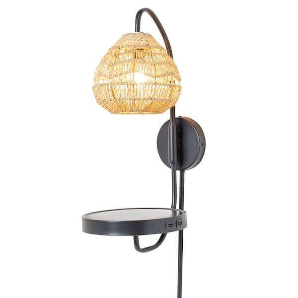 River of Goods Rhys 8.75 in. Painted Black-Colored Candlestick Wall Sconce with Round Rattan Shade