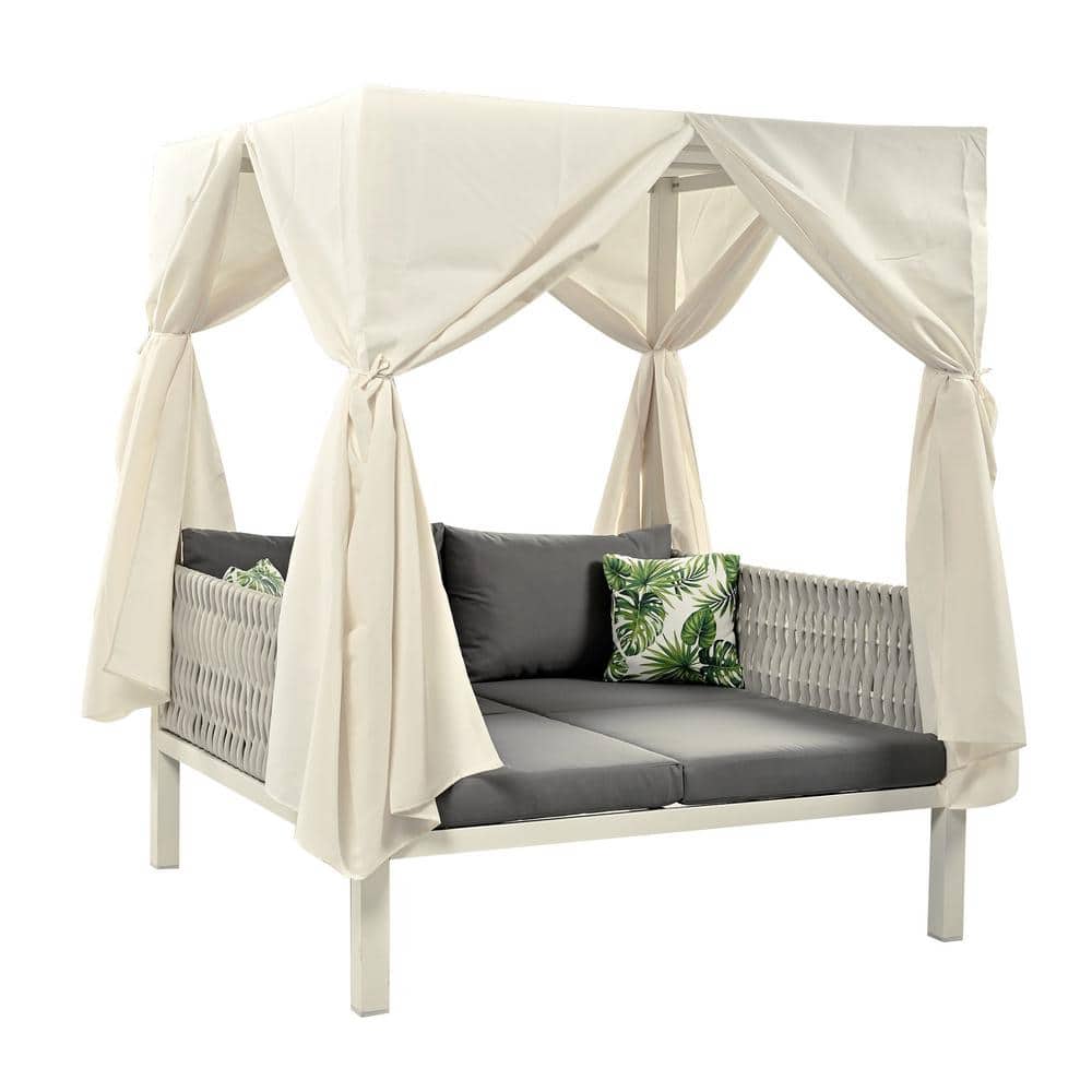 1-Piece Metal Outdoor Day Bed, Woven Rope Sunbed with Curtains, High Comfort, with Gray Cushions