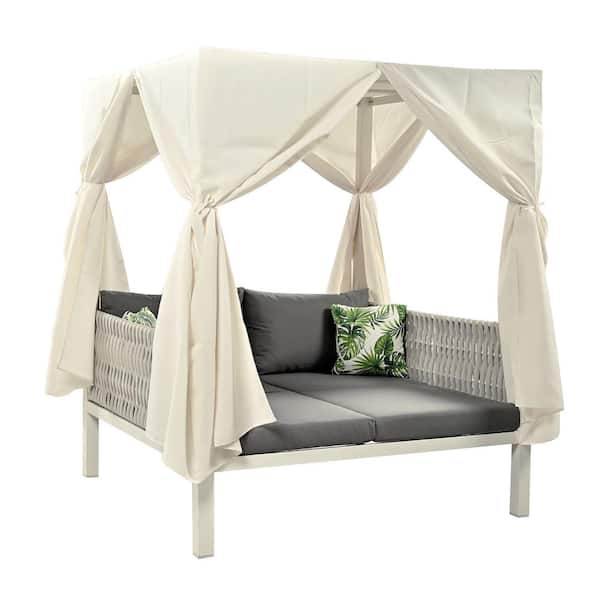 Sudzendf 1-Piece Metal Outdoor Day Bed, Woven Rope Sunbed with Curtains, High Comfort, with Gray Cushions