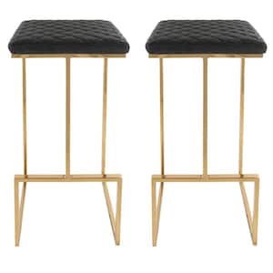 Quincy 29 in. Quilted Stitched Leather Gold Metal Bar Stool with Footrest Set of 2 in Charcoal Black