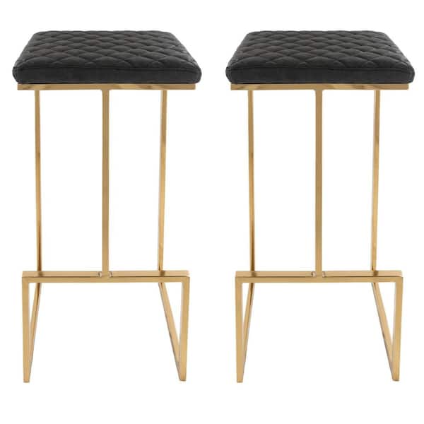 Leisuremod Quincy 29 in. Quilted Stitched Leather Gold Metal Bar Stool with Footrest Set of 2 in Charcoal Black